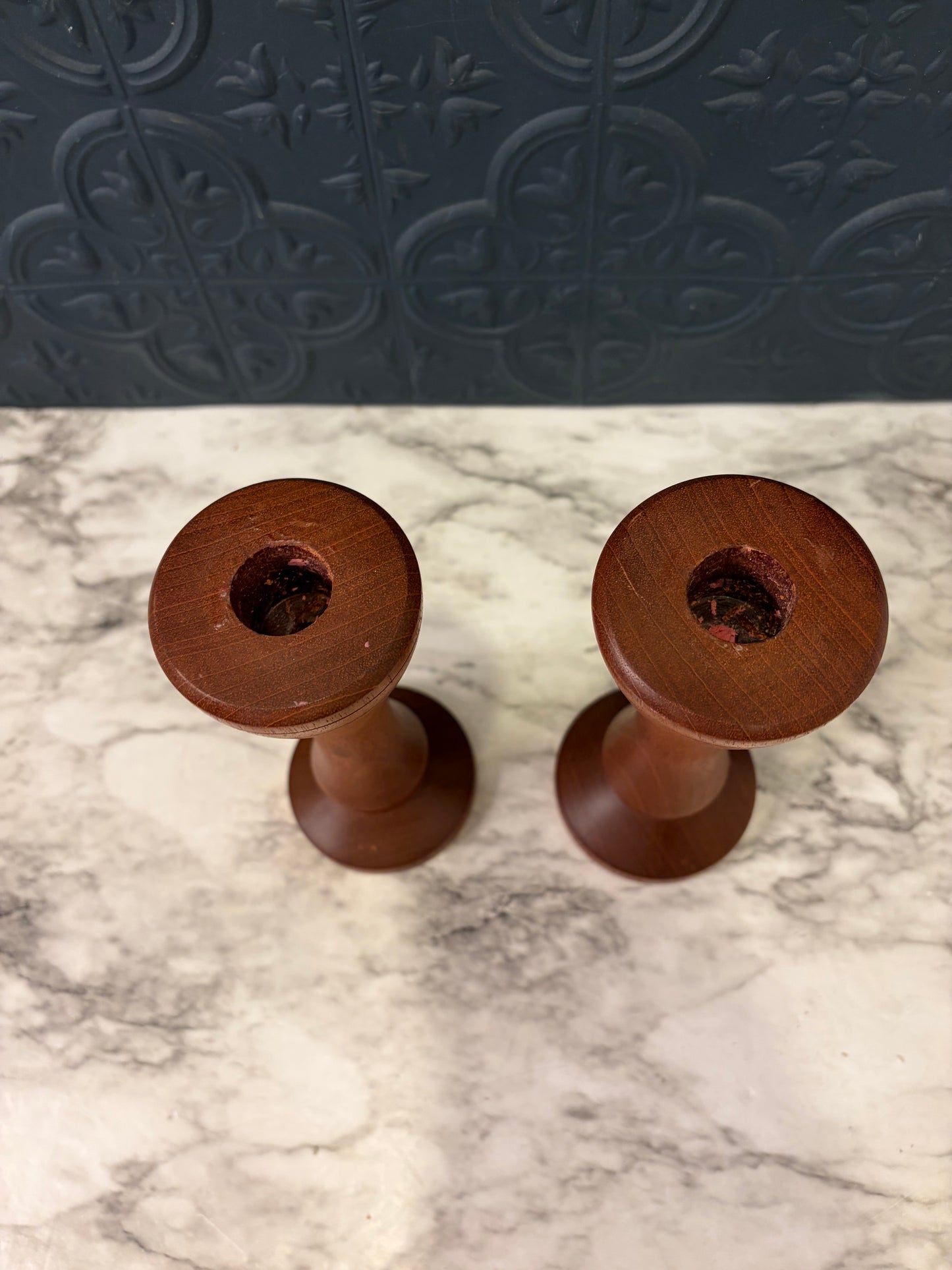 Wooden MCM Candle Holder Pair of 2