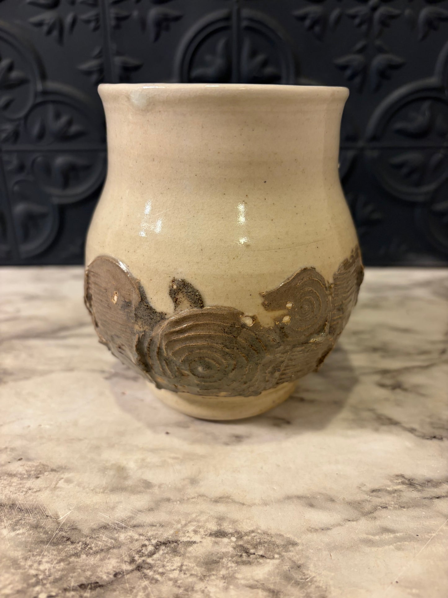 Studio Pottery Bowl Cream with Brown Swirl at bottom