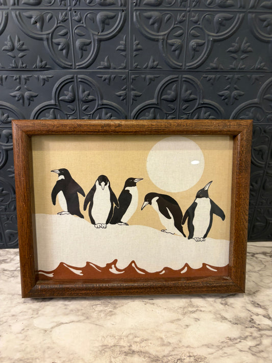 Screen Print of  Penguins on Fabric Framed