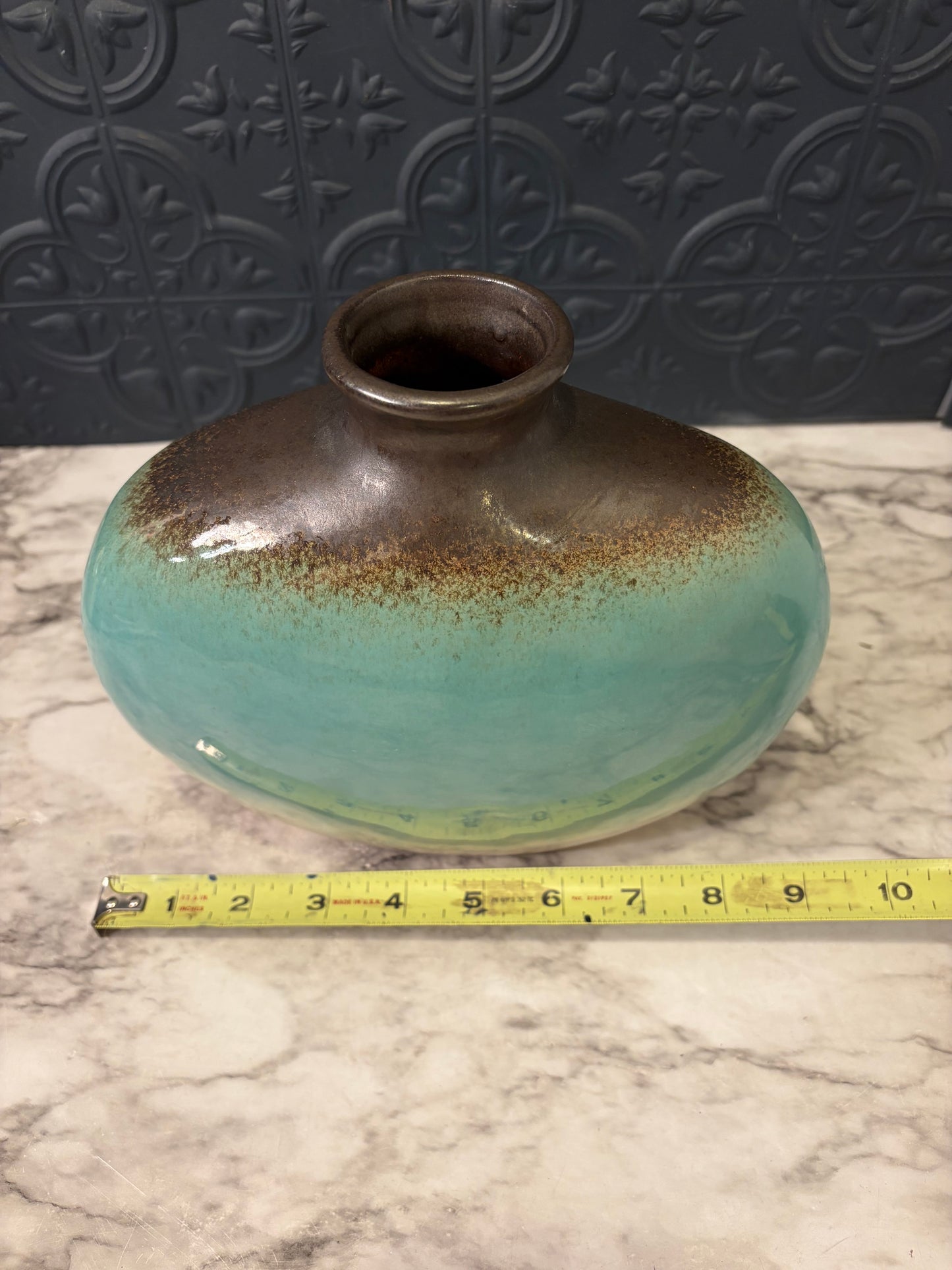 Blue Pottery Vase with Blue Rim Oval Shape