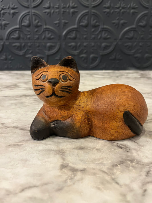 Carved Wooden Cat Laying down small