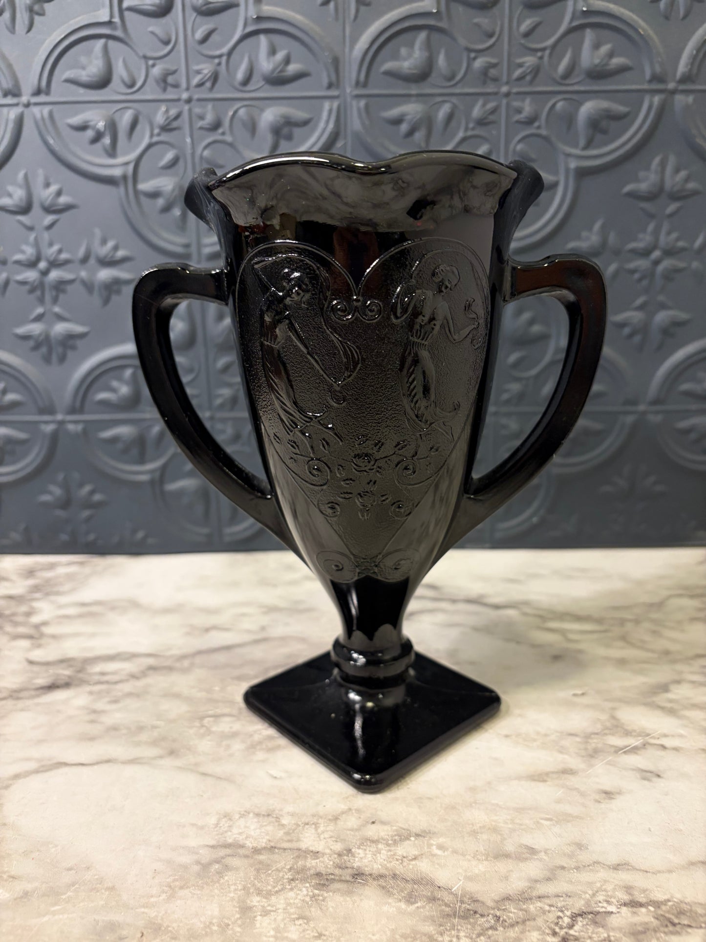 LE Smith Black Glass Trophy vase with Dancing Nymphs