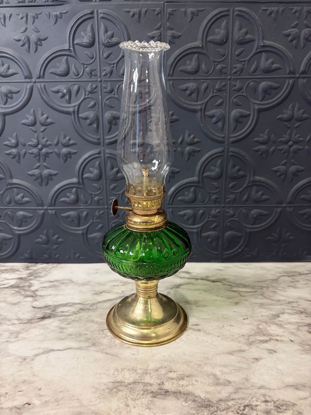 Mini Green Oil Lamp with Clear Hurricane