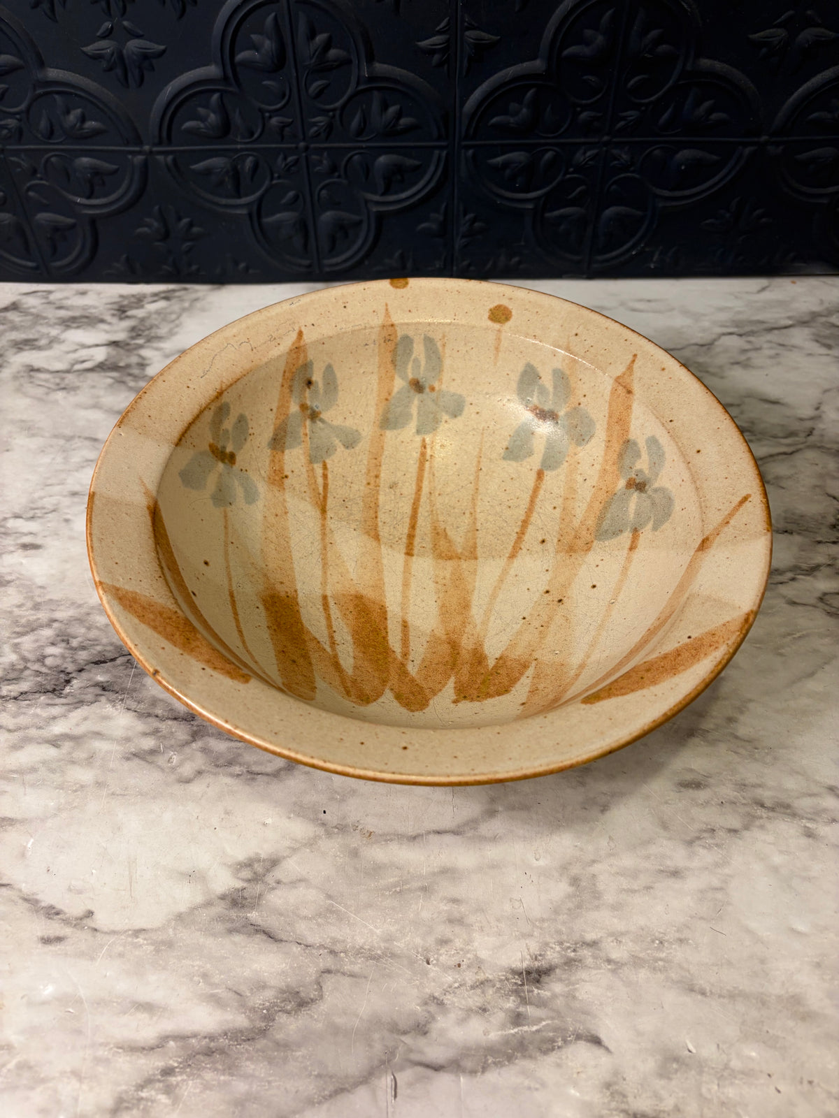 Studio Pottery Bowl with Blue Flowers