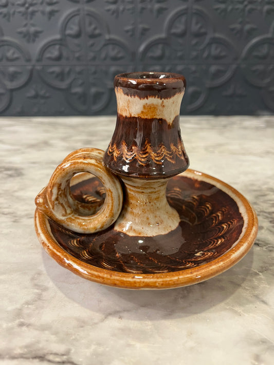 Brown Pottery Chamberstick candle holder