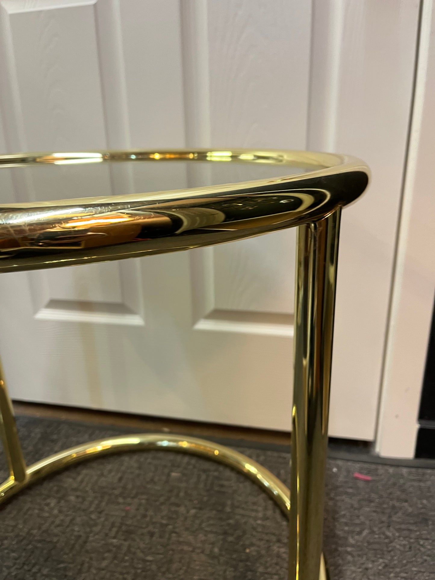Round Brass side table with smoke glass