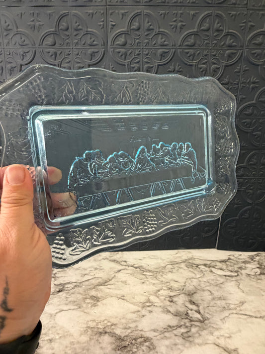 Blue Glass Plate with Last Supper AS IS