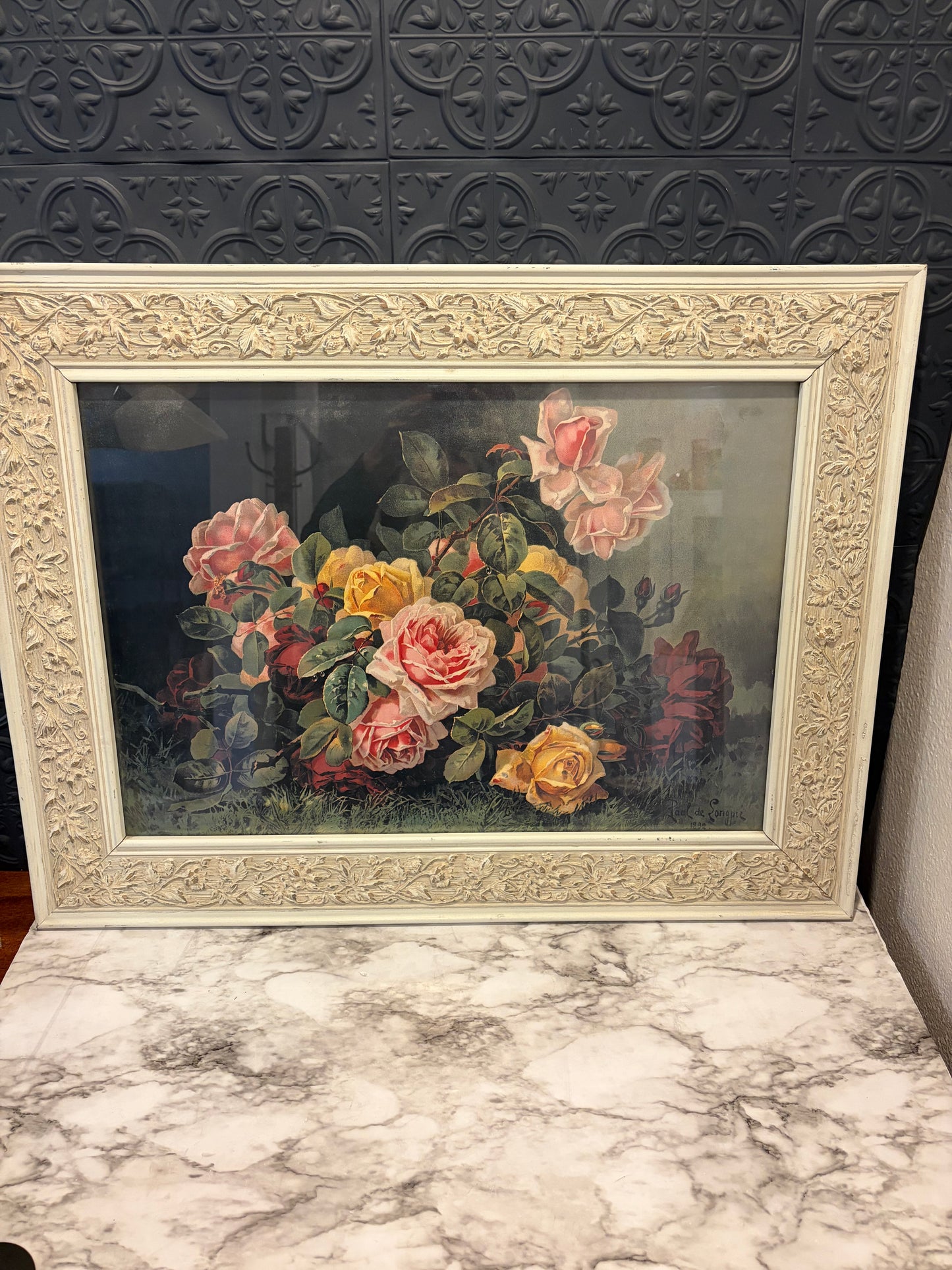 Pink Rose Print in Ornate Cream Frame