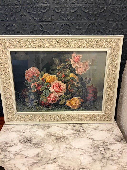 Pink Rose Print in Ornate Cream Frame