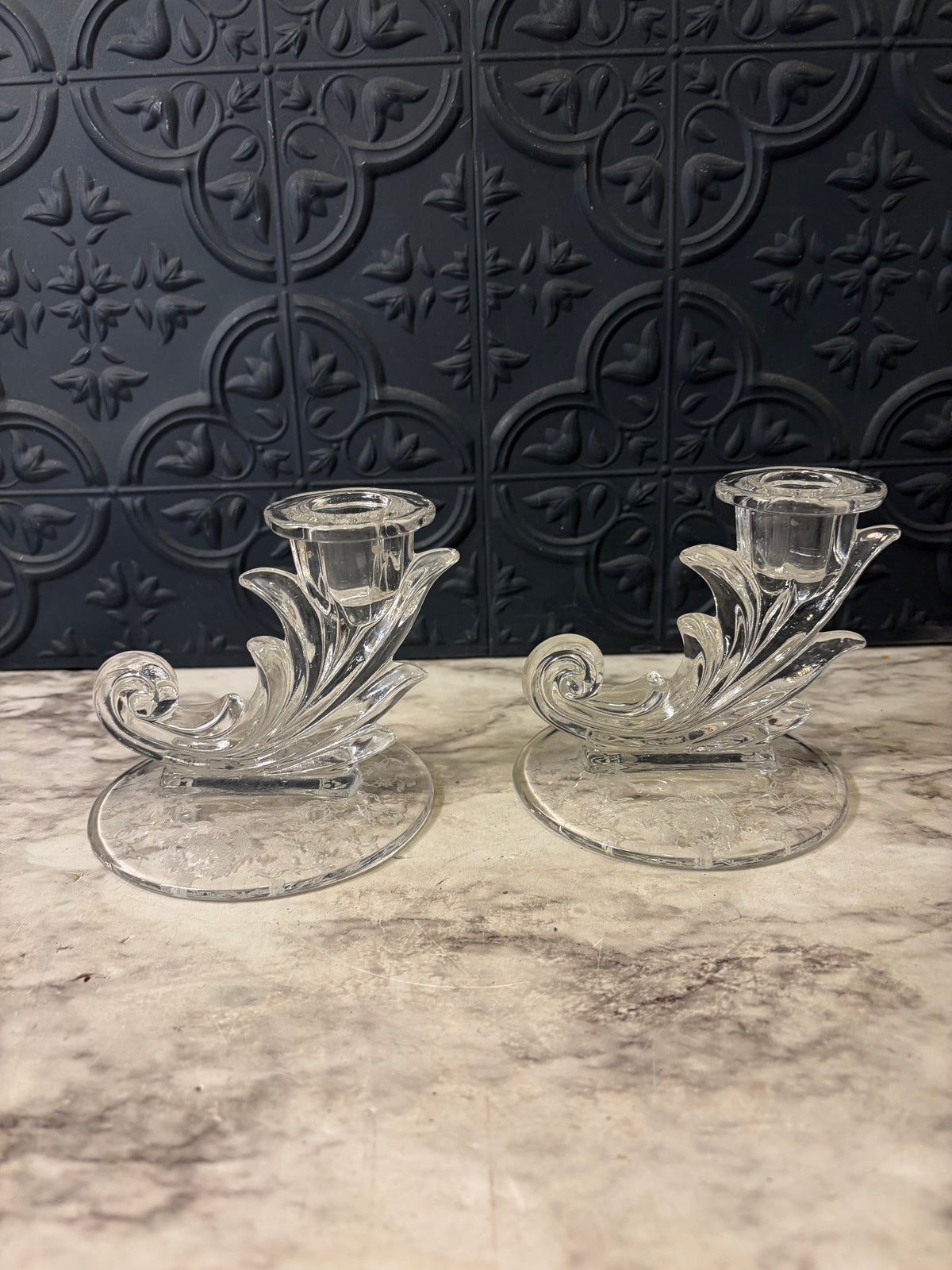 Fostoria Clear Etched Candle Holder Set of 2