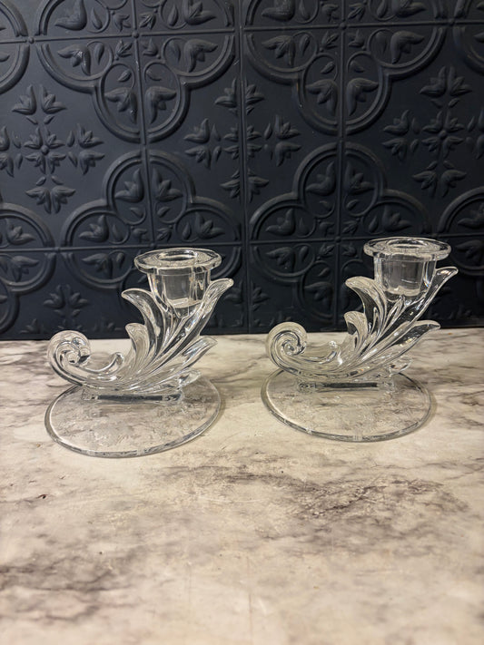 Fostoria Clear Etched Candle Holder Set of 2