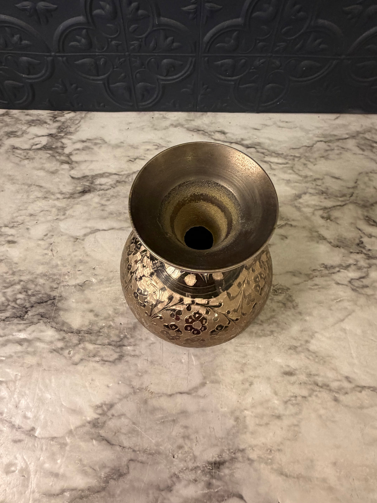 Brass Vase with Etched Flowers and Round Bottom