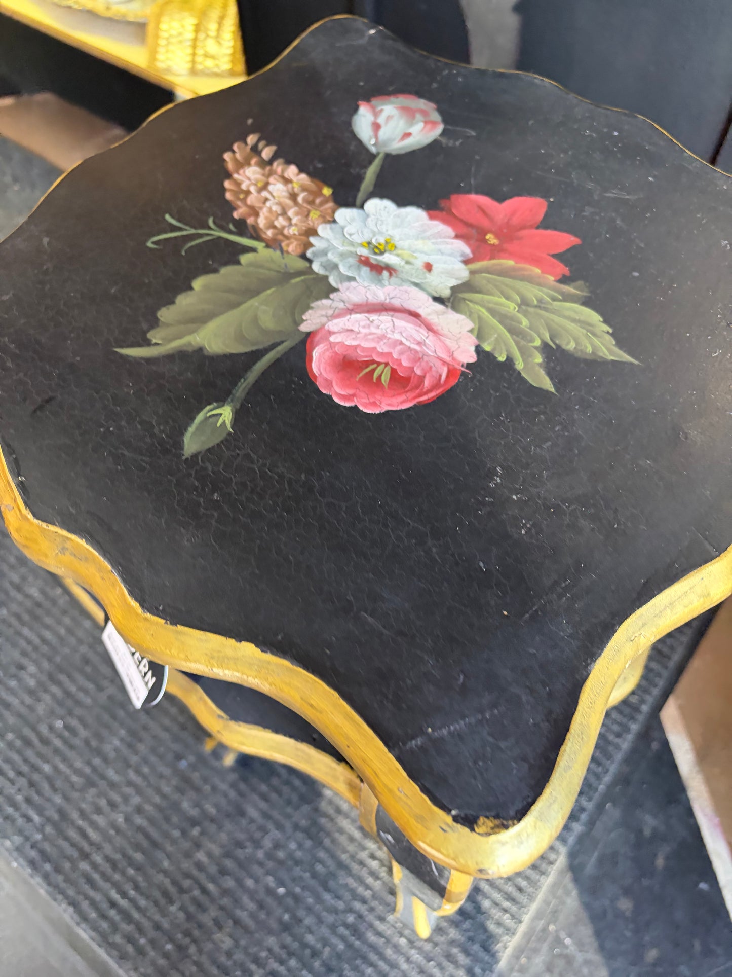 Black and Gold Tall Table with Handpainted Flowers
