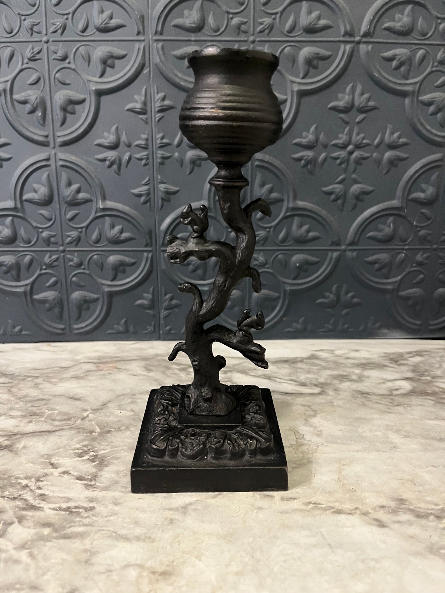 Black Cast Iron Squirrels on a tree candle holder