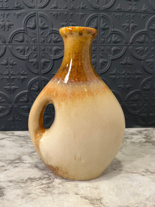 Tan Ceramic Vase with Brown Rim and Modern Handle design