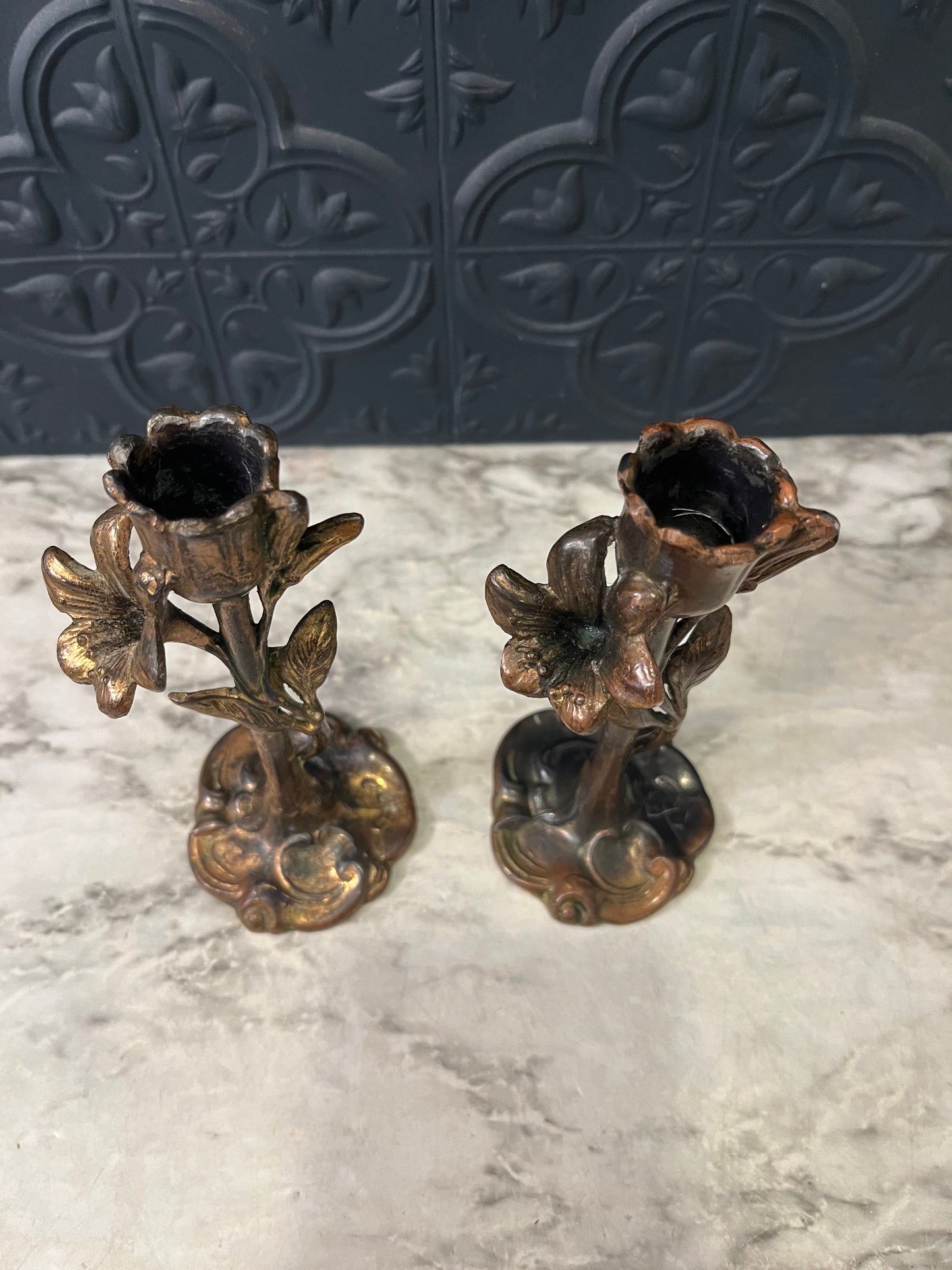 Brass Art Nouveau Candlestick set with flowers