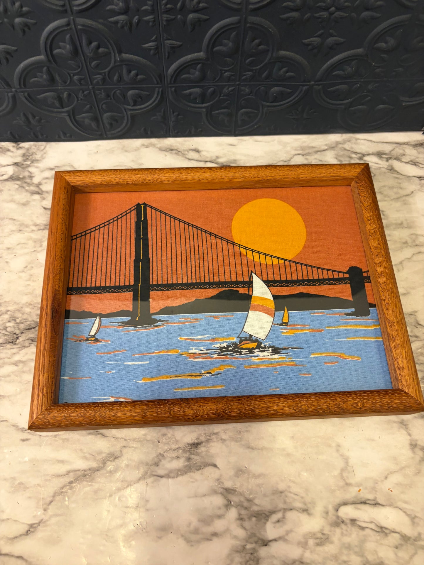 Screen Print of Sailboat on Fabric Framed