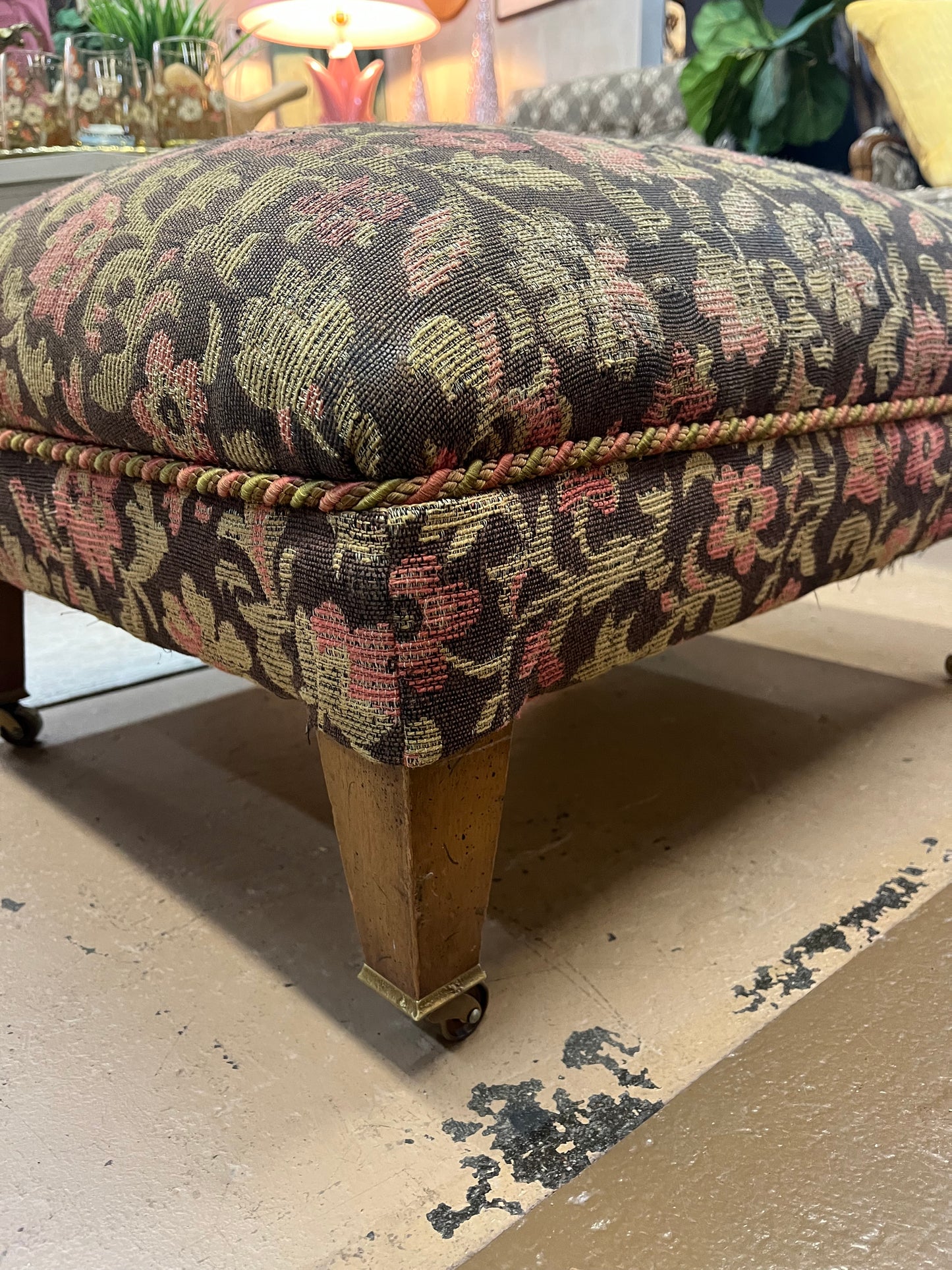 Large Pink and Green Upholstered Ottoman