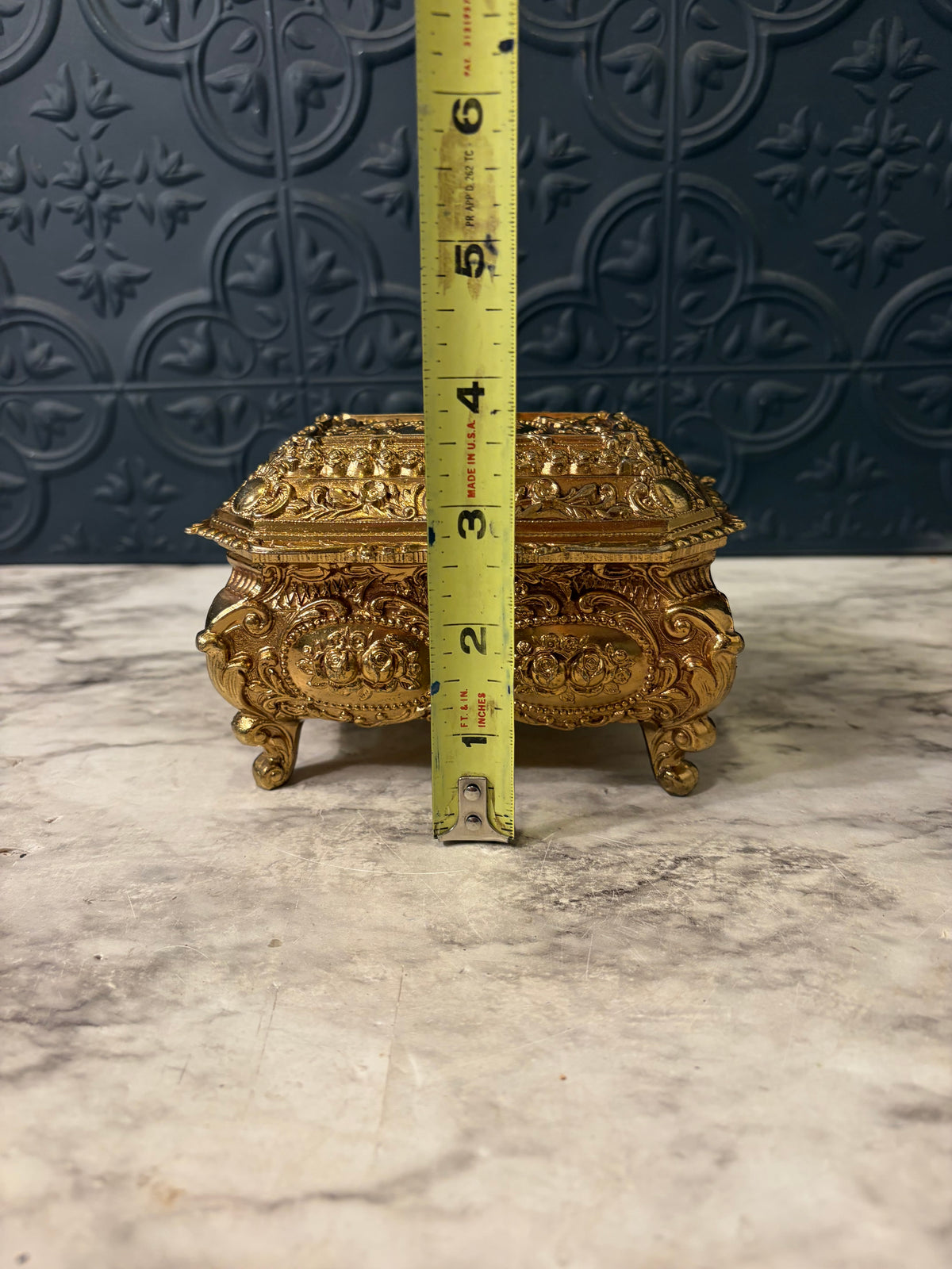 Ornate Gold Jewelry Box with Red Velvet lining