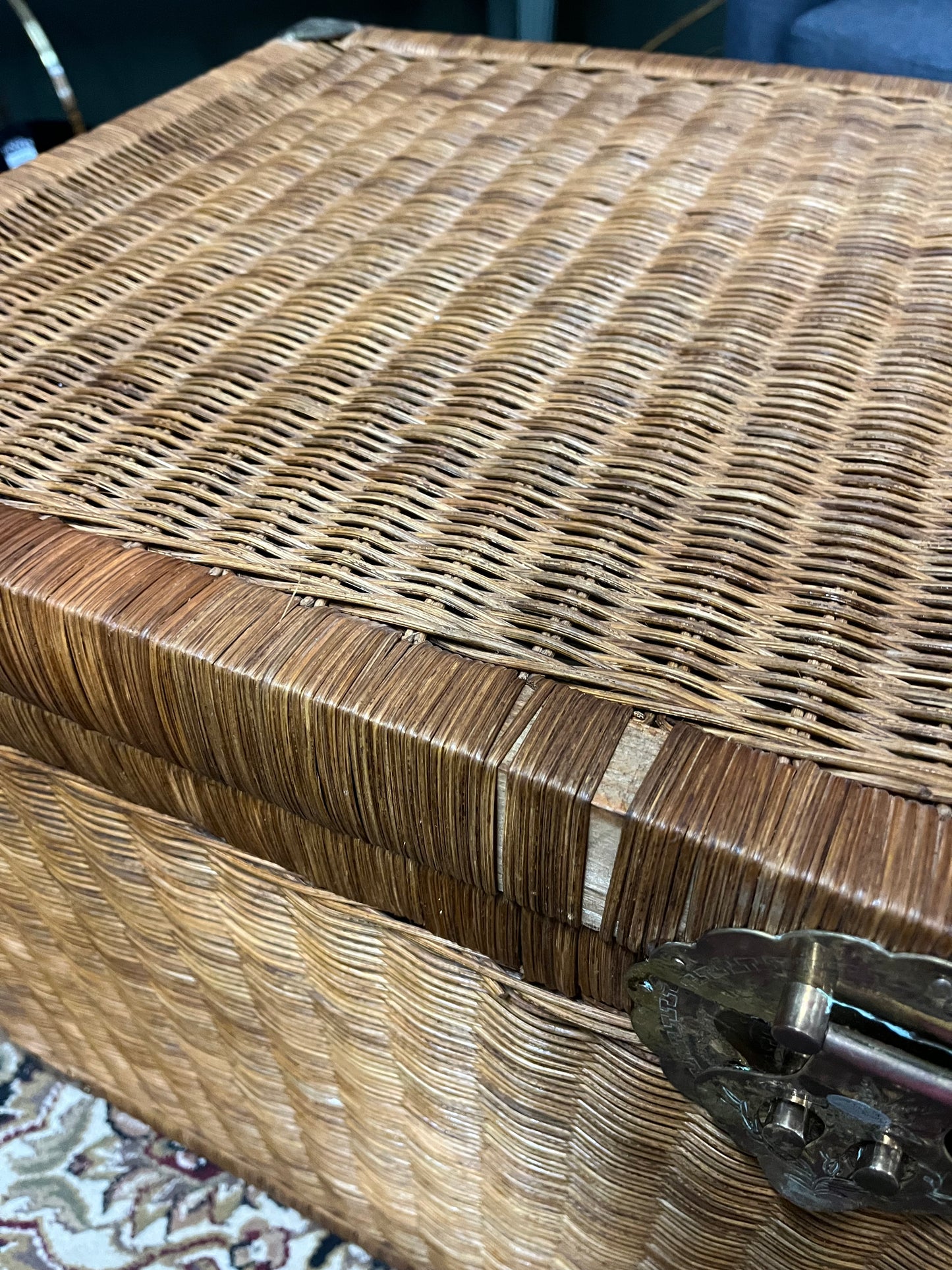 Large wicker Trunk with brass etched details