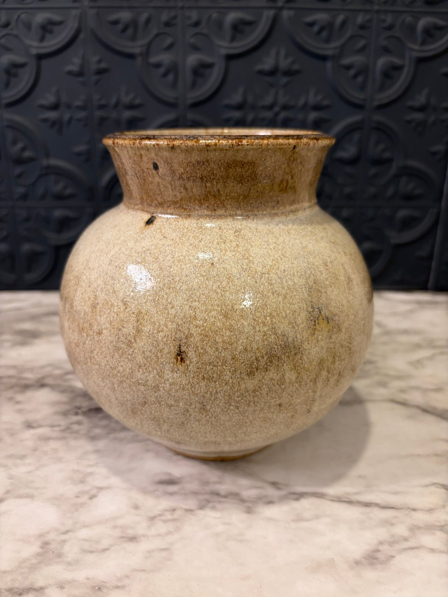 6" Signed Studio Pottery Tan Vase Round