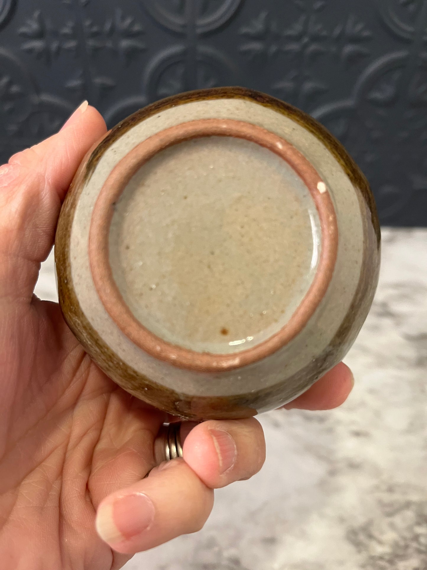 Small Tan Pottery Vase with Brown Leaf design