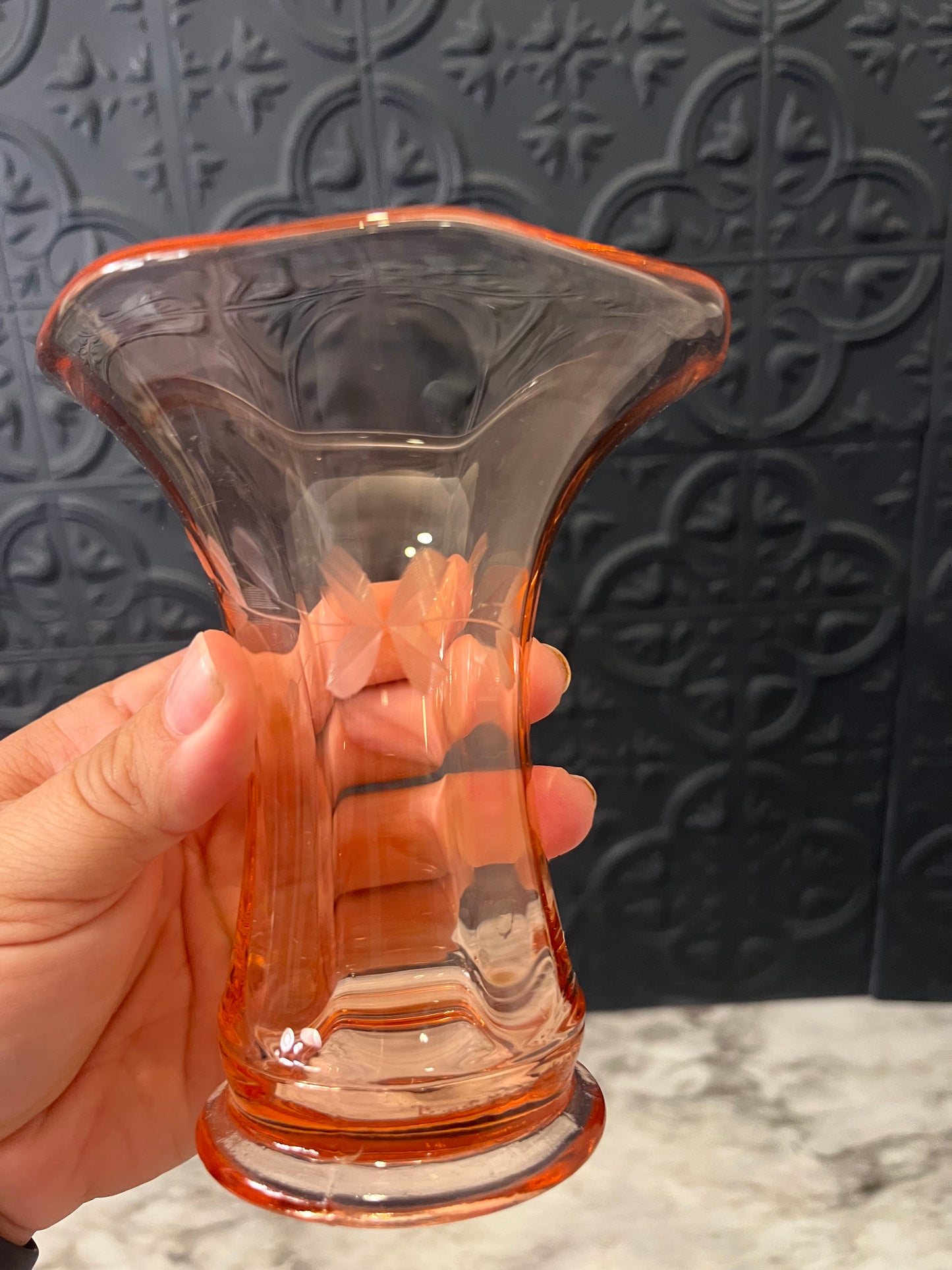 Pink Glass Trumpet Vase with Etching