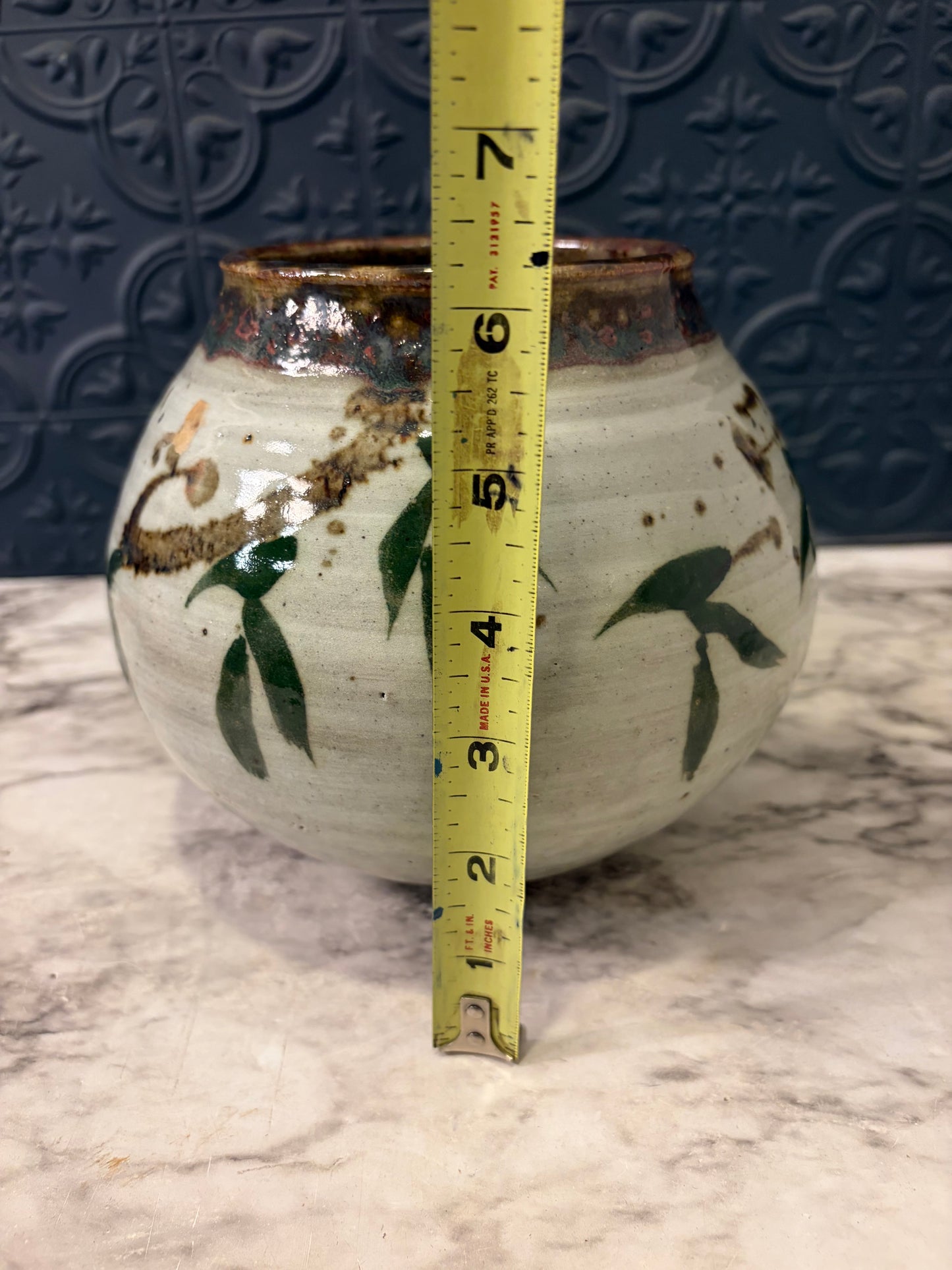 Pottery Vase with Twig and Leaf Design Brown Rim