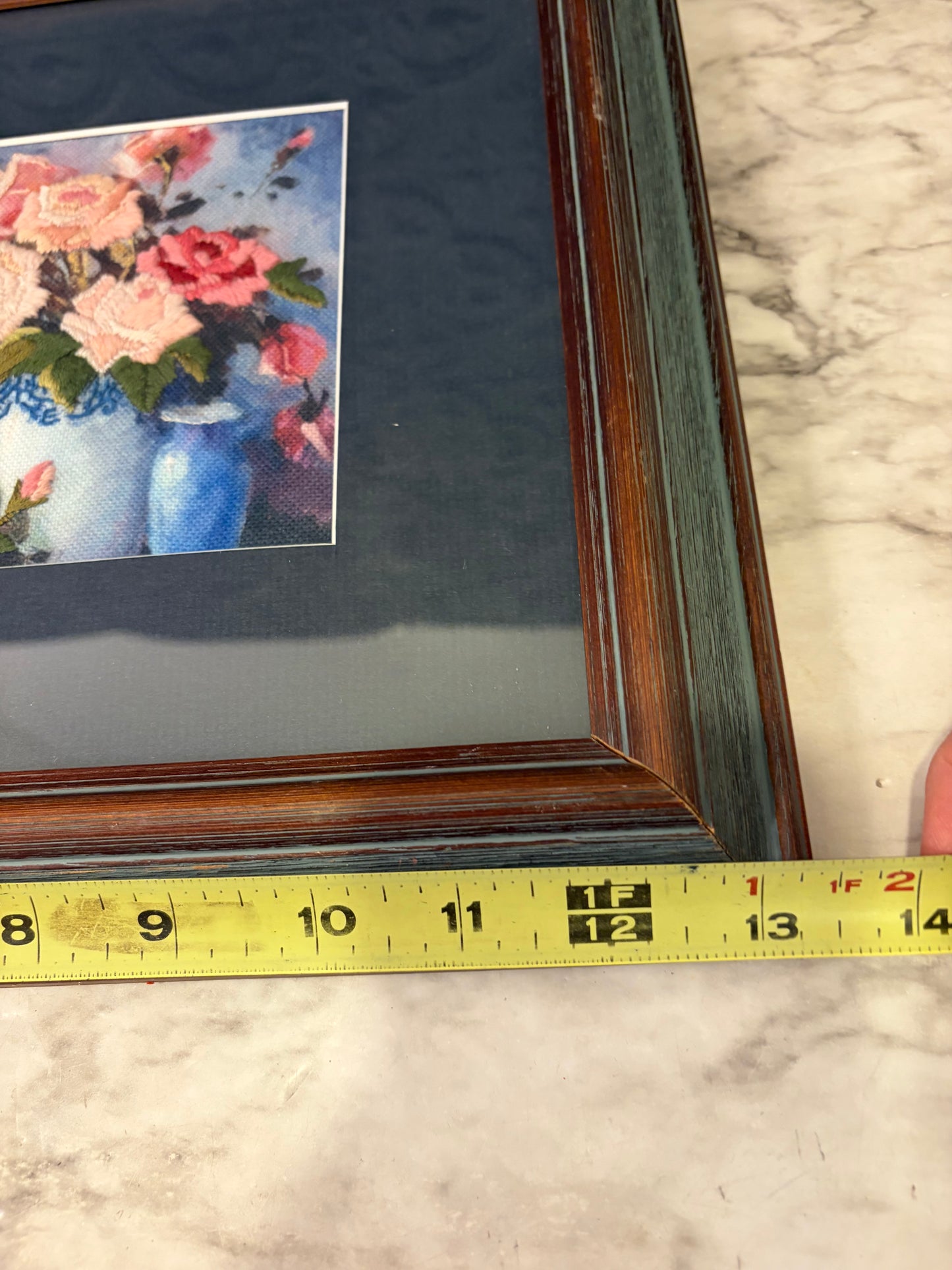 Blue and Pink Rose Boquet Stitchery