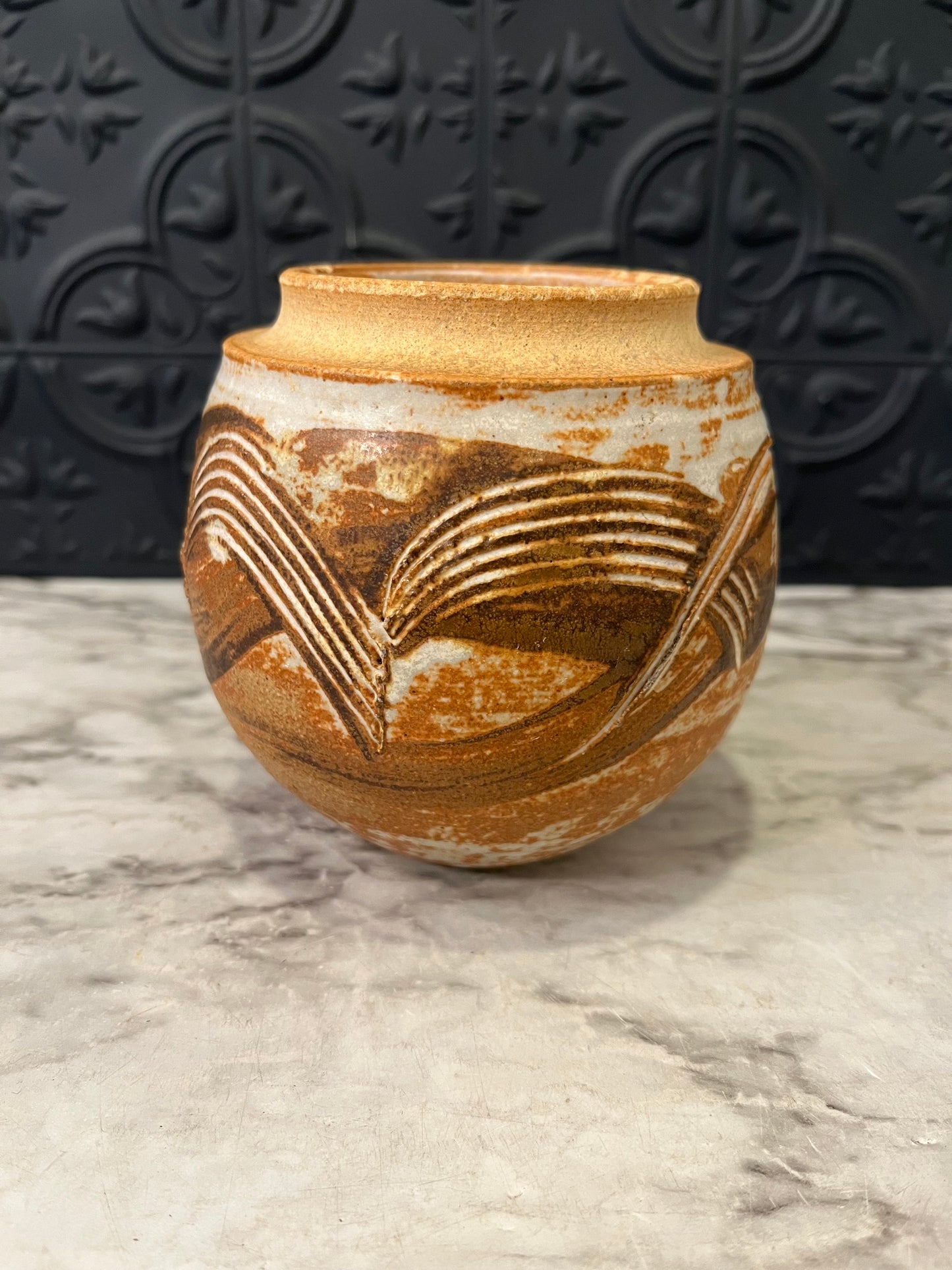 Small Pottery Pot with Stripe Design