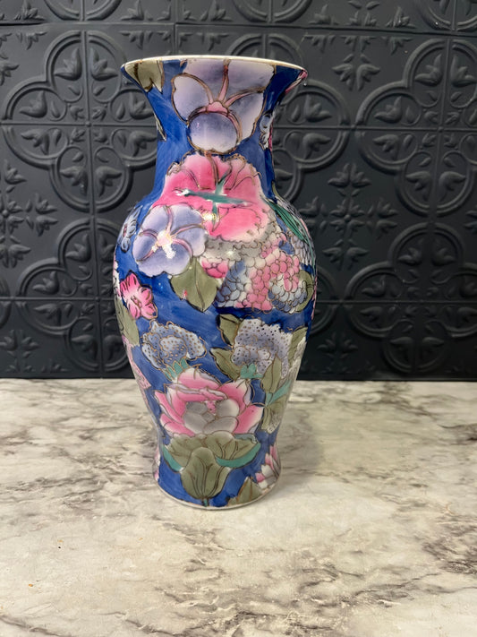 Blue Vase with Pink and Purple Florals 9.75"