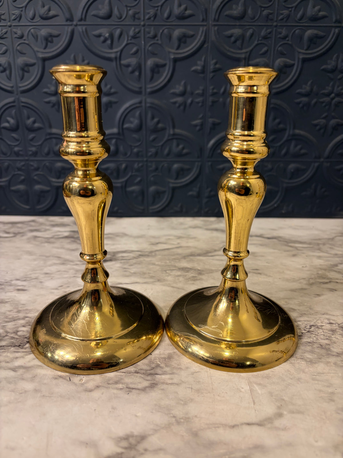 7" Heavy Brass Candlestick Pair