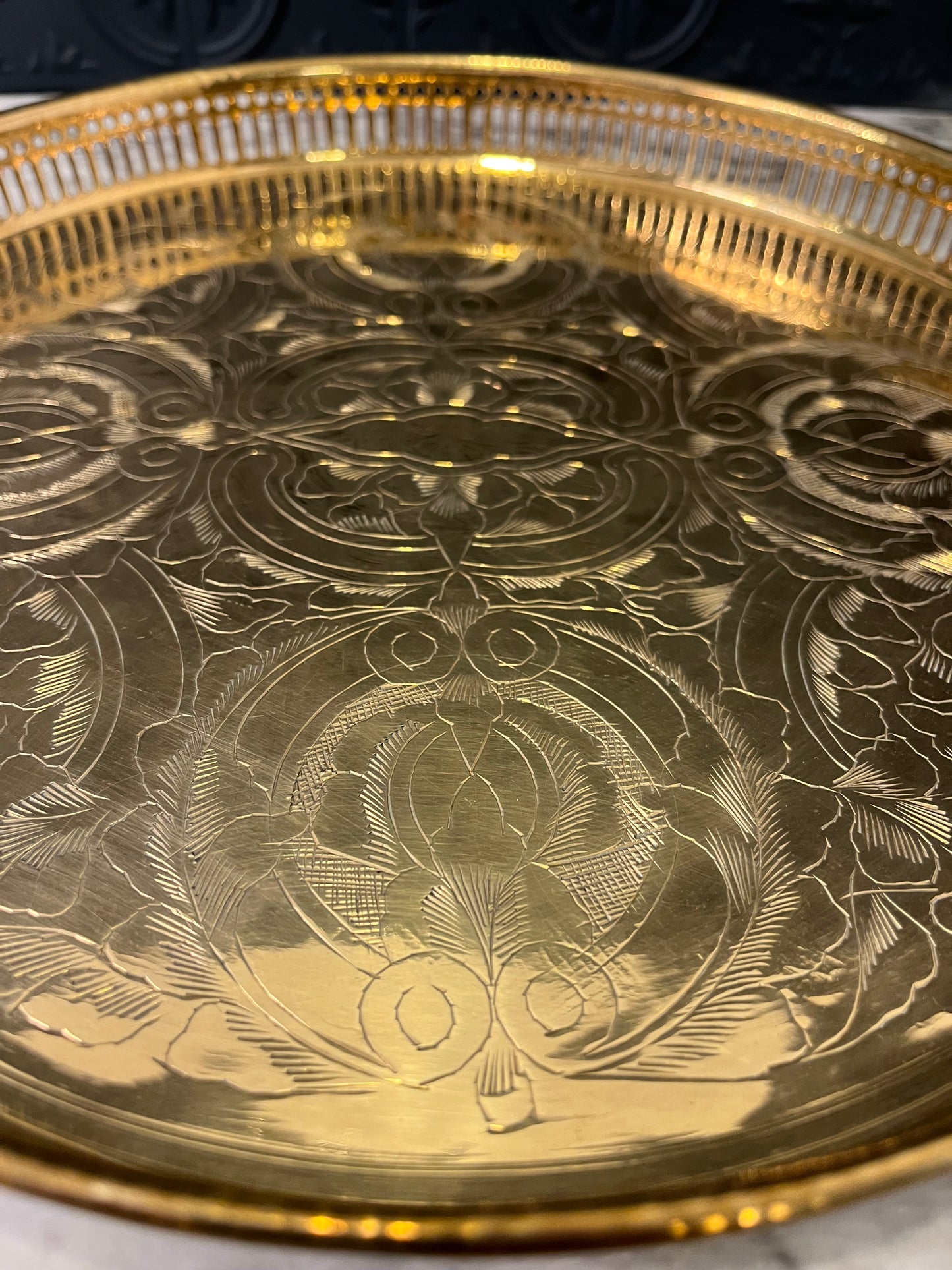 Round Brass Etched Tray with Cutouts 12"