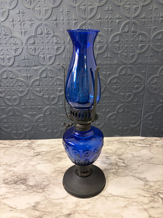 Cobalt Blue Glass and Black Oil Lamp AS IS
