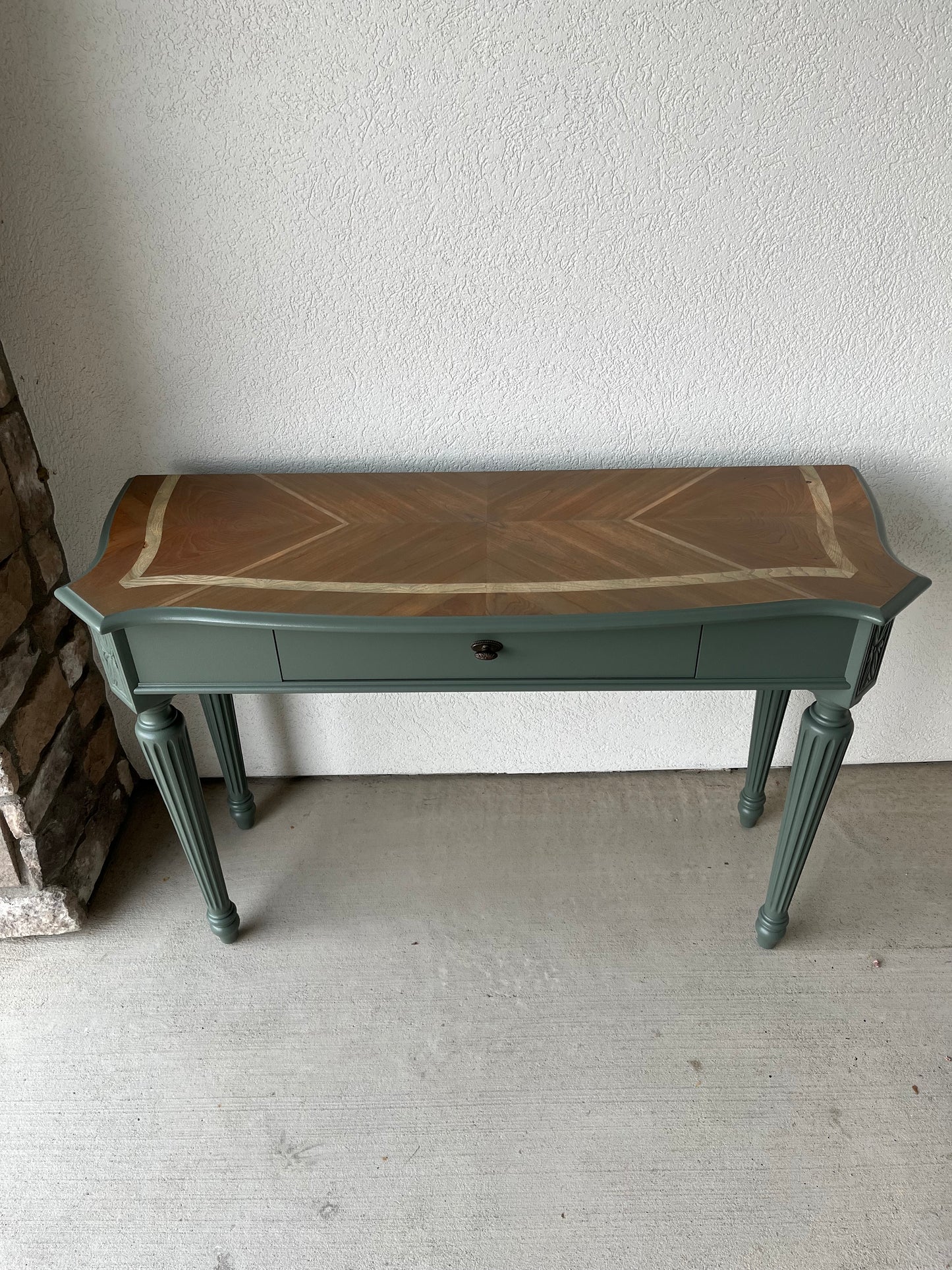 Green Entry Table with Wood Inlay Top Whitewashed