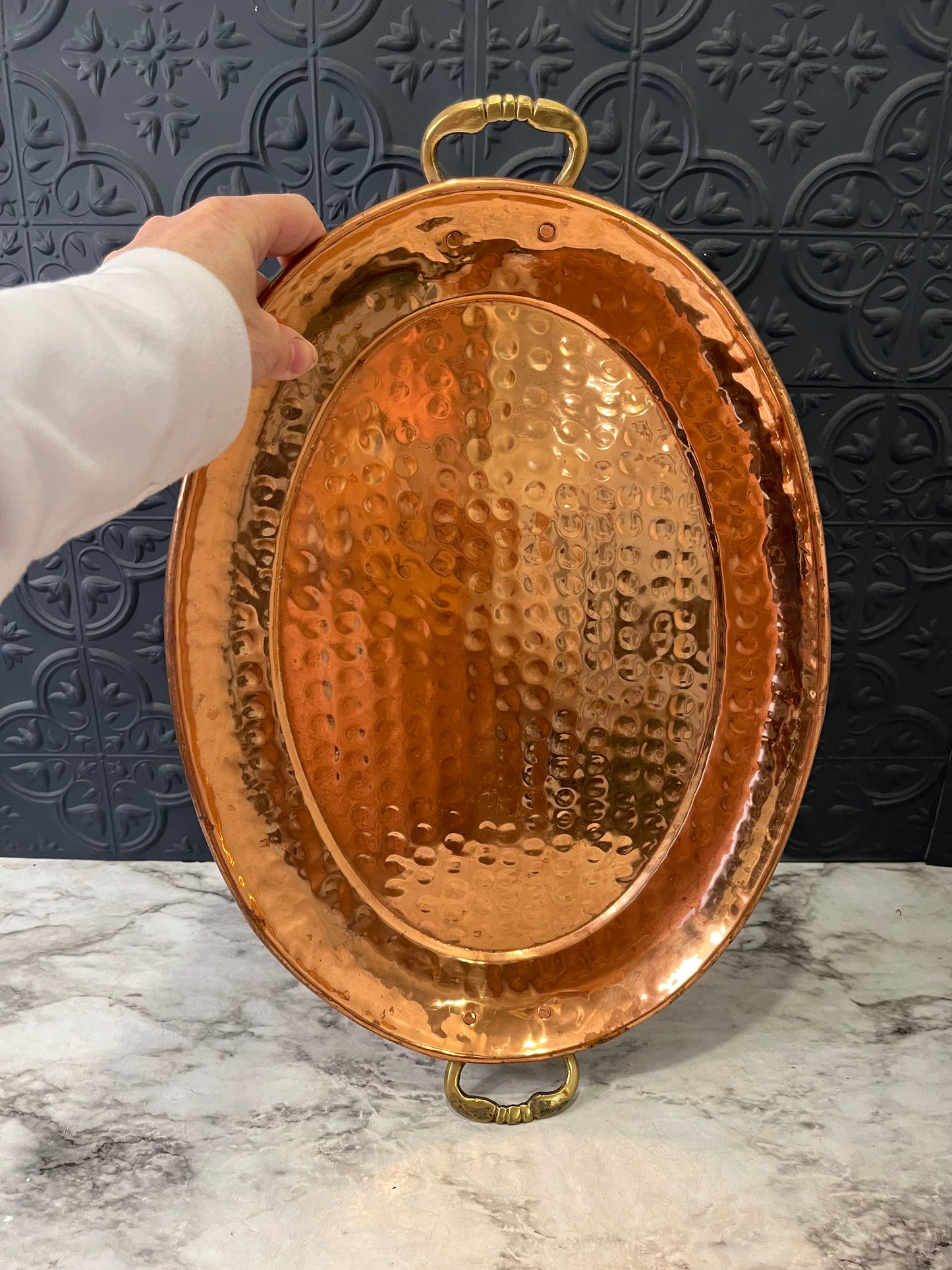 Oval Hammered Copper Tray with Brass Handles 15"