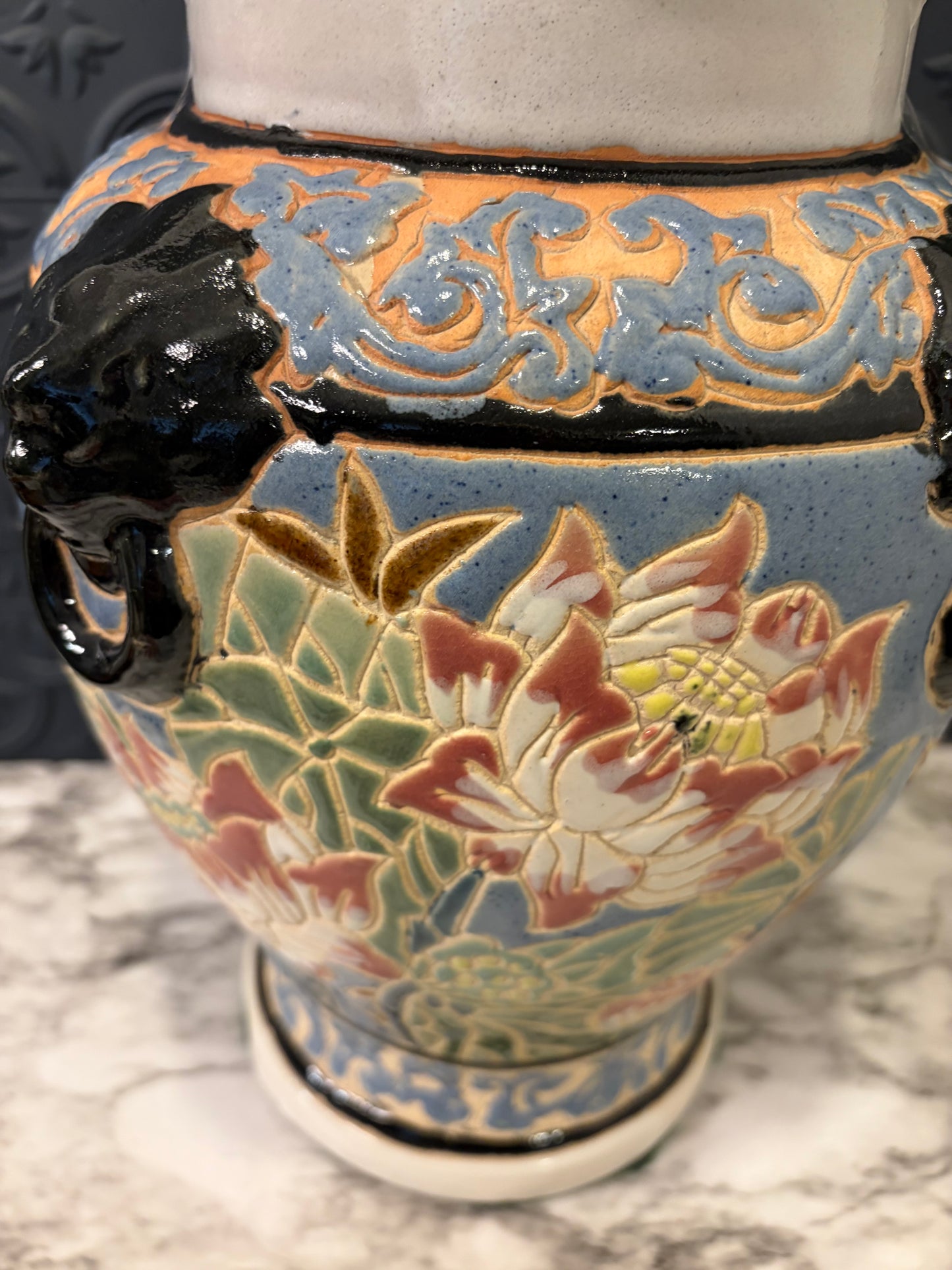 Ceramic Ginger Jar with Flowers and Lion Handles AS IS