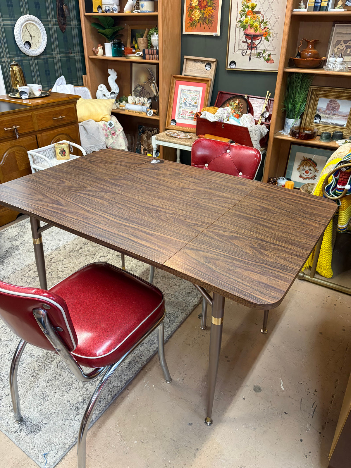 Walter of Wabash Formica drop leaf table and 2 Red vinyl Chairs