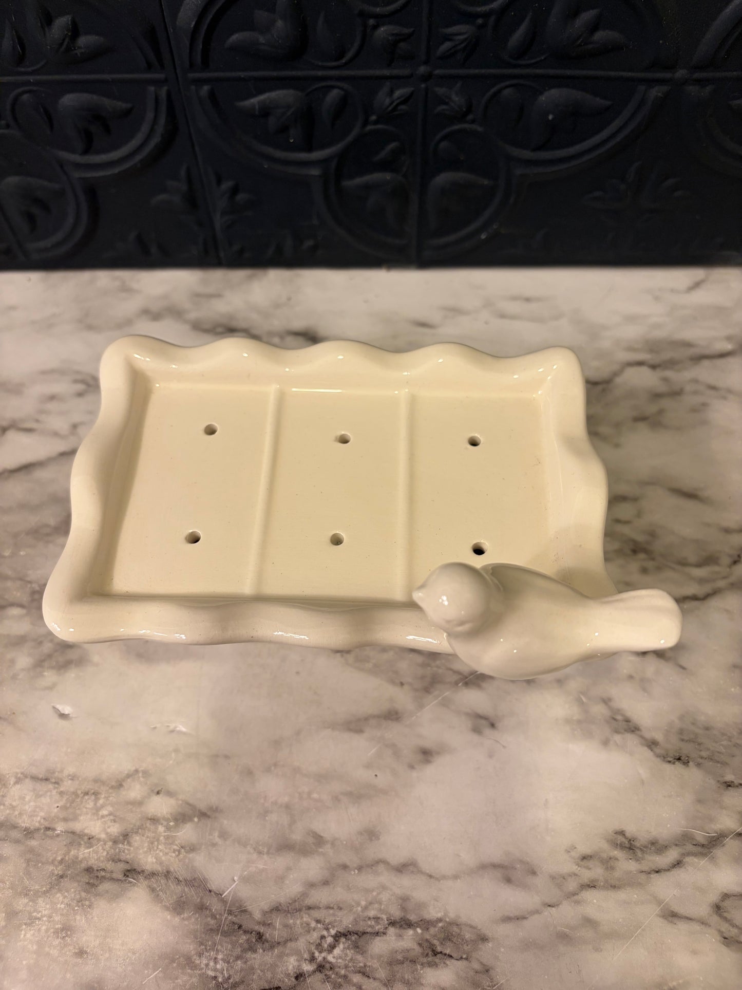 White Ceramic Soap Dish with Bird
