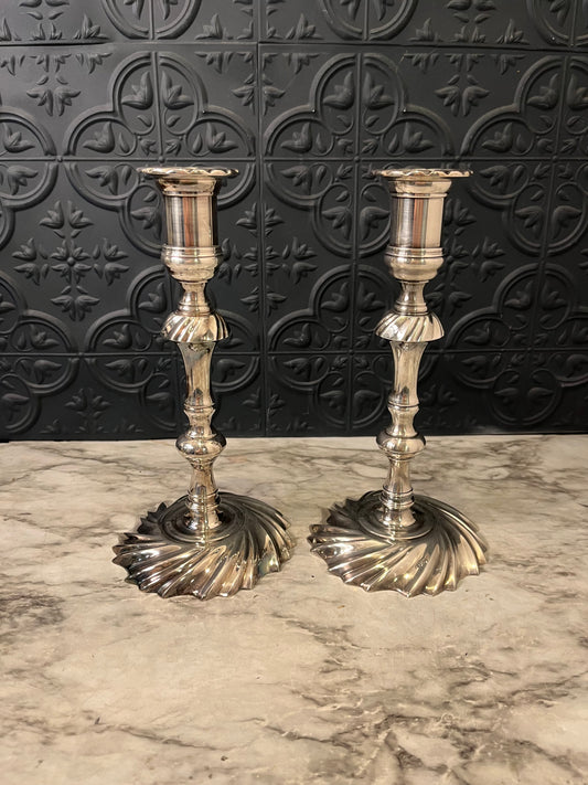 Pair of Queen Anne Silver Plate Candle Holders Swirl Base