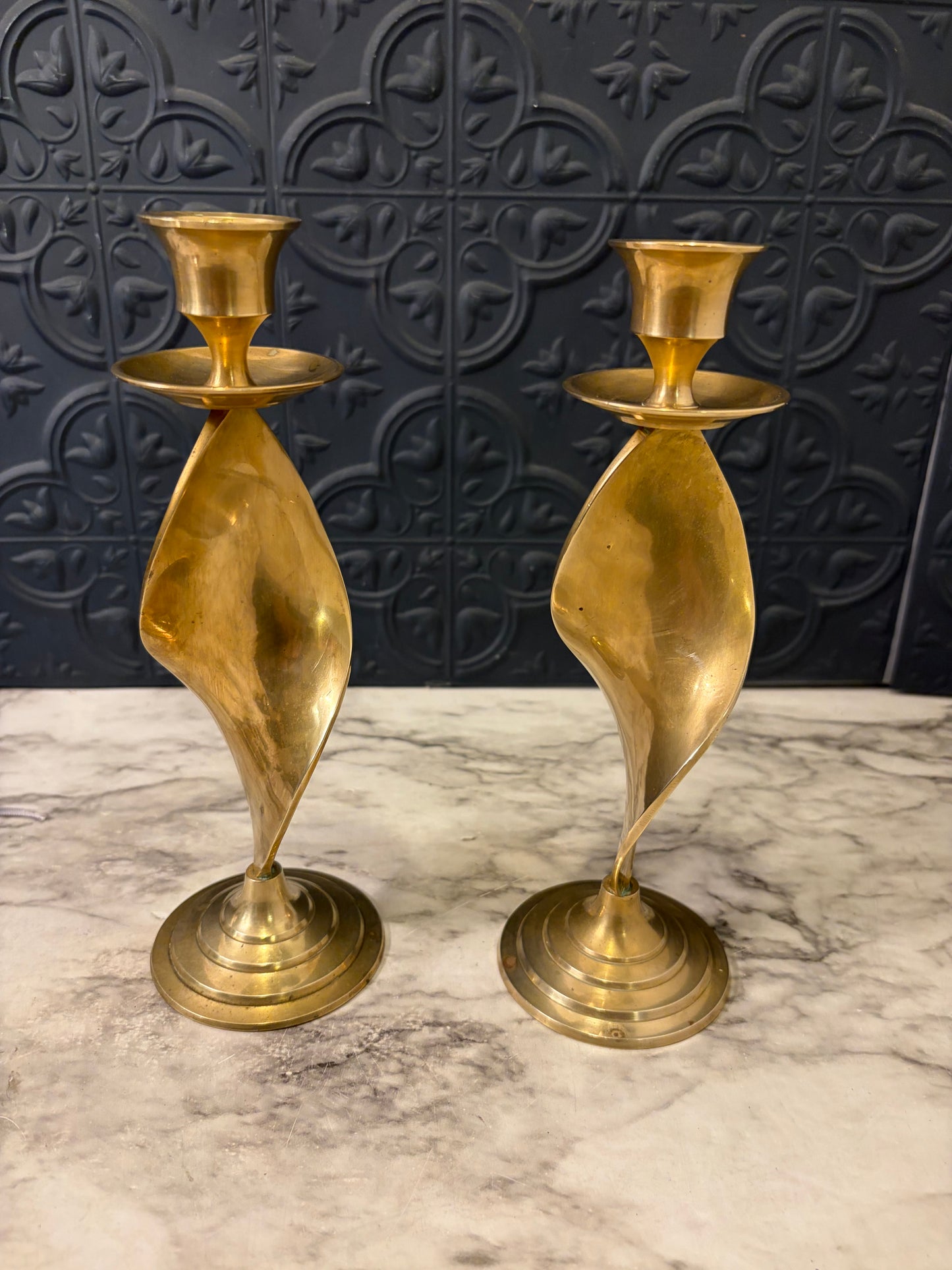 9" Brass Swirl Candle Holder set of 2