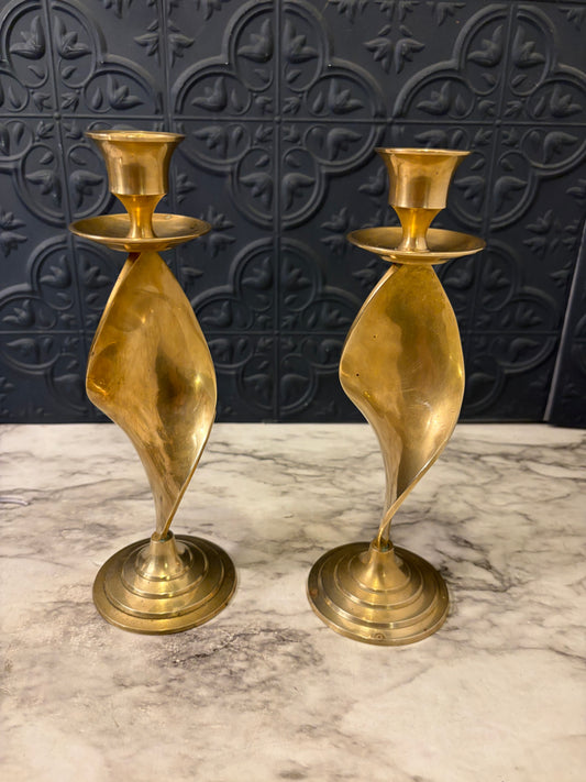 9" Brass Swirl Candle Holder set of 2