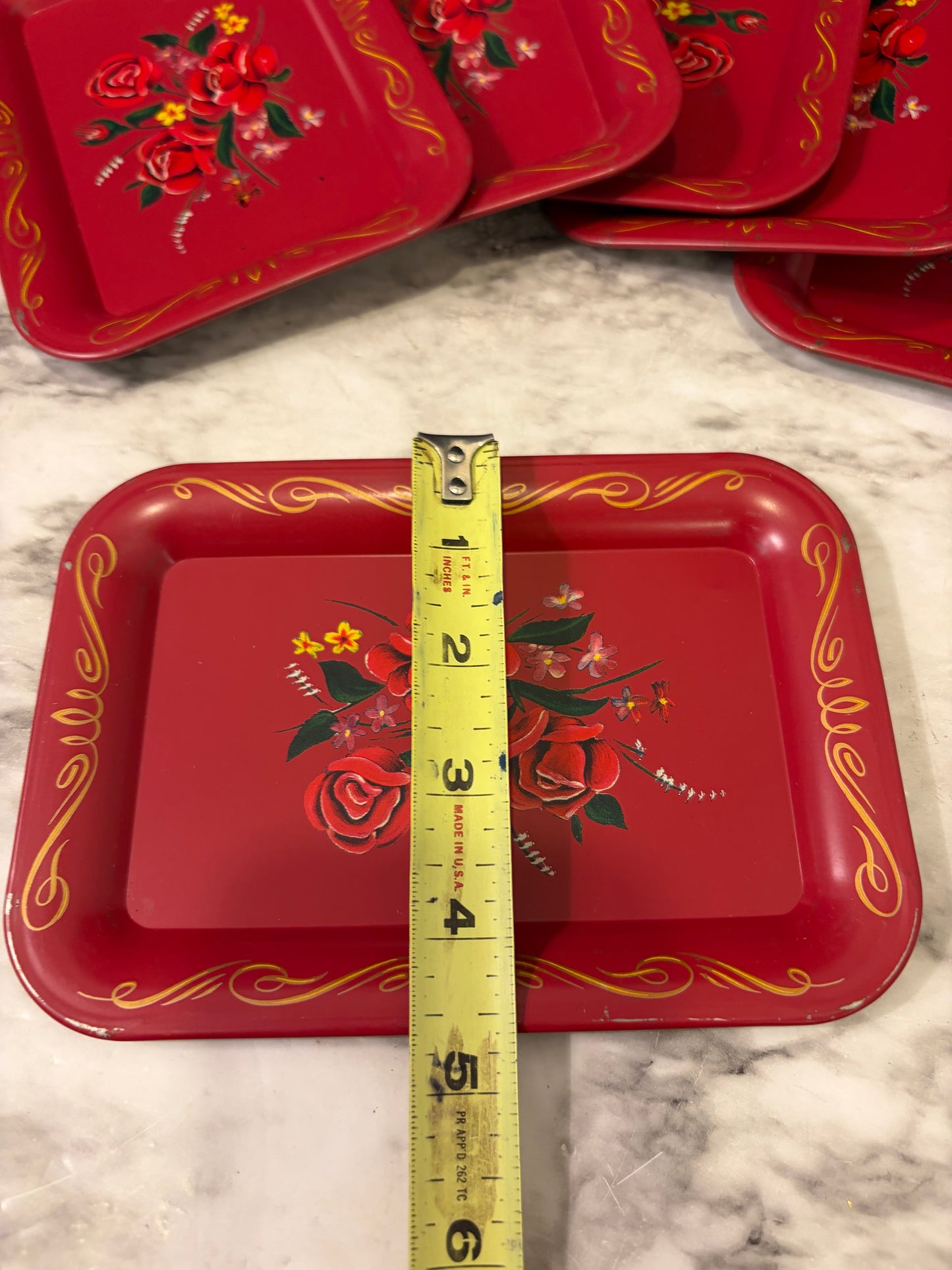 Red Floral Painted Metal Snack Trays Set of 6