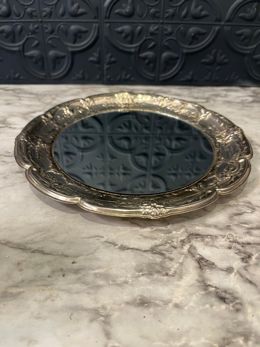 Round Ornate Silver tone mirror tray