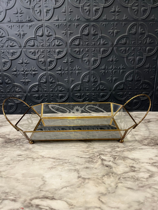 Etched glass and mirror basket with handles