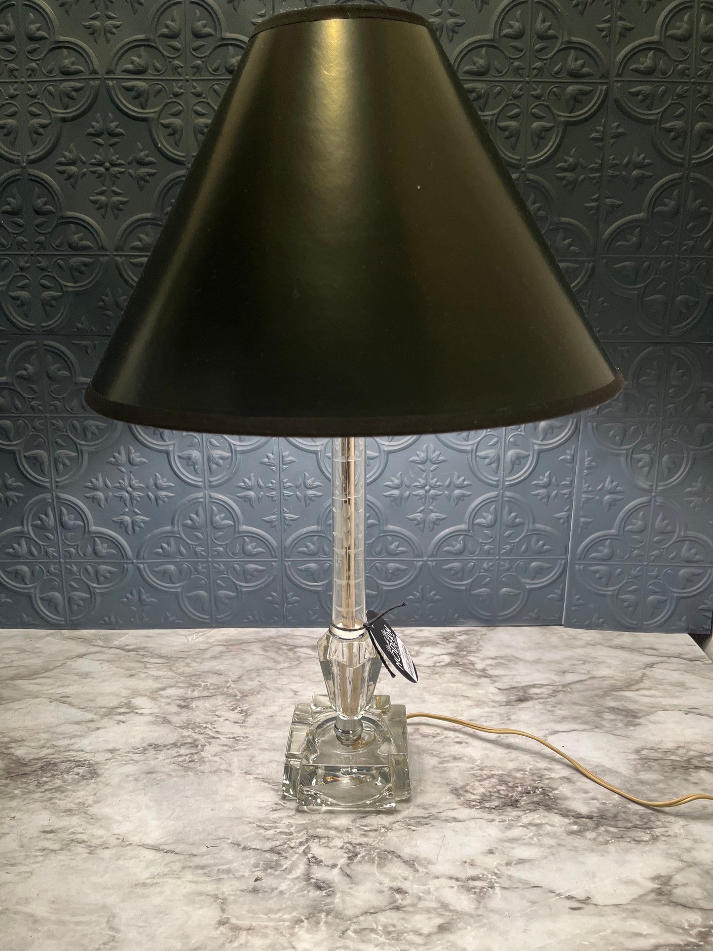 Etched Glass Lamp with Black Shade