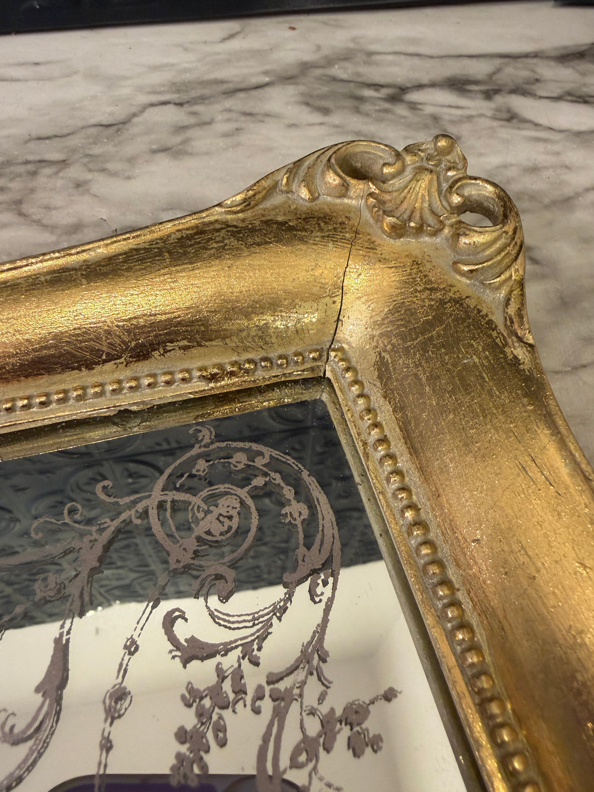 Rectangle Ornate Gold Tone Tray with Gold Design on Mirror AS IS