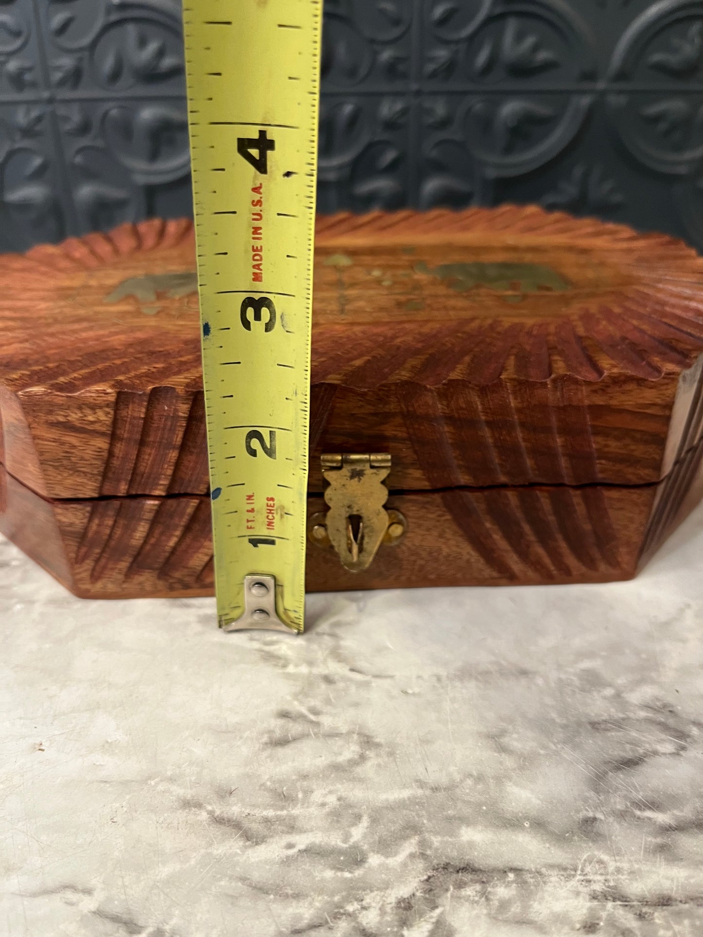 Carved Wooden Jewelry Box with Brass Inlaid Elephants