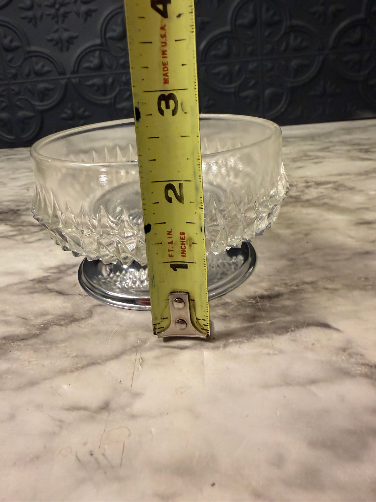 Small Pressed Glass Bowl with Diamond Point Pattern and silvertone base