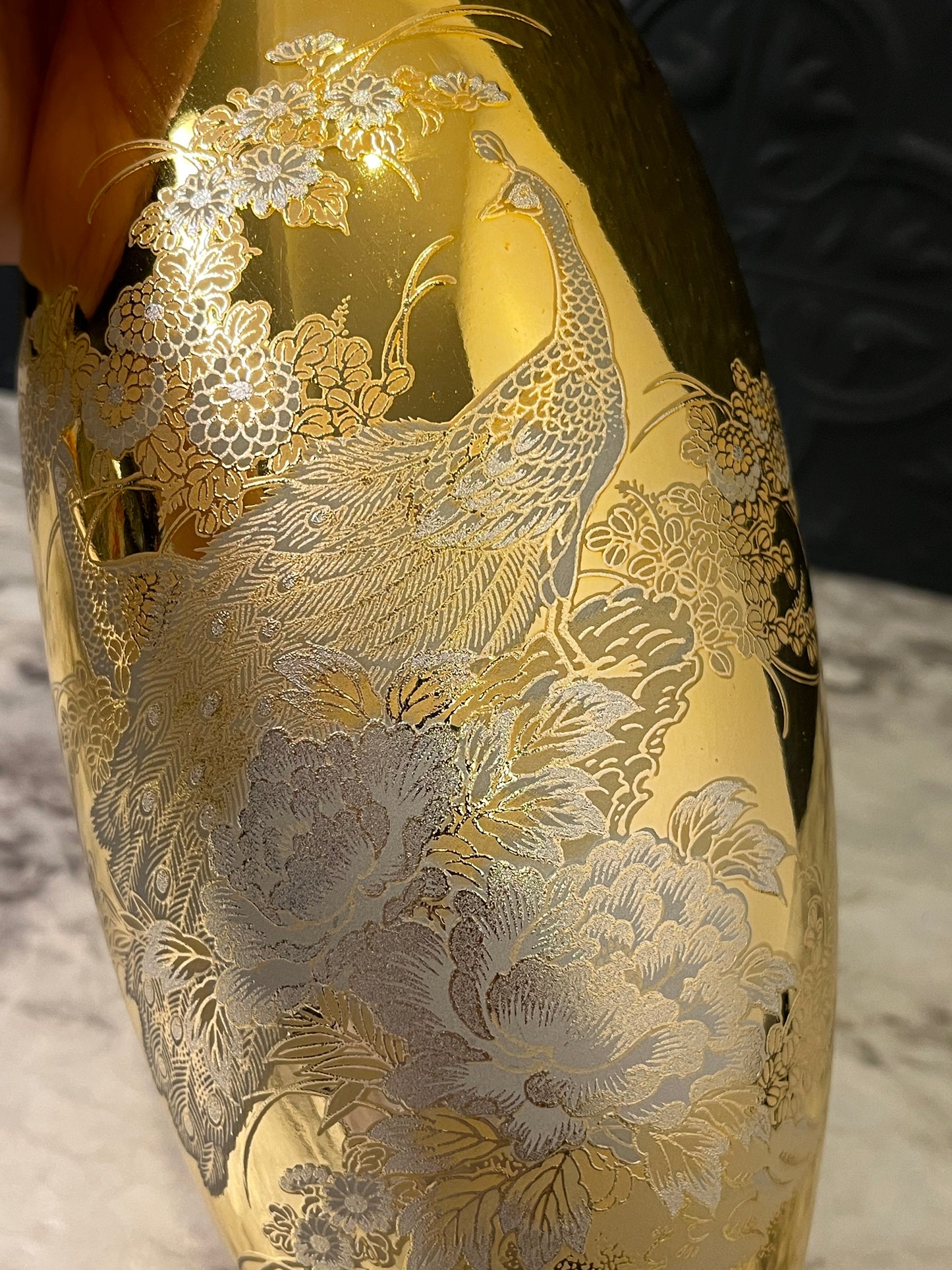 Gilded gold Japanese peacock vase